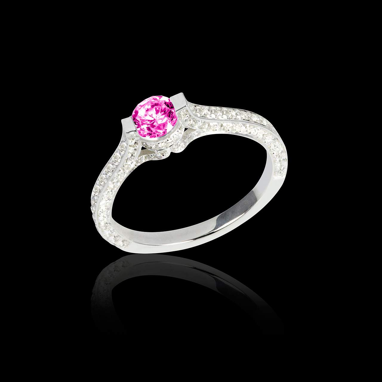 Pink Sapphire Ring - White Gold - Pave Diamonds - Mont Olympus - Jaubalet